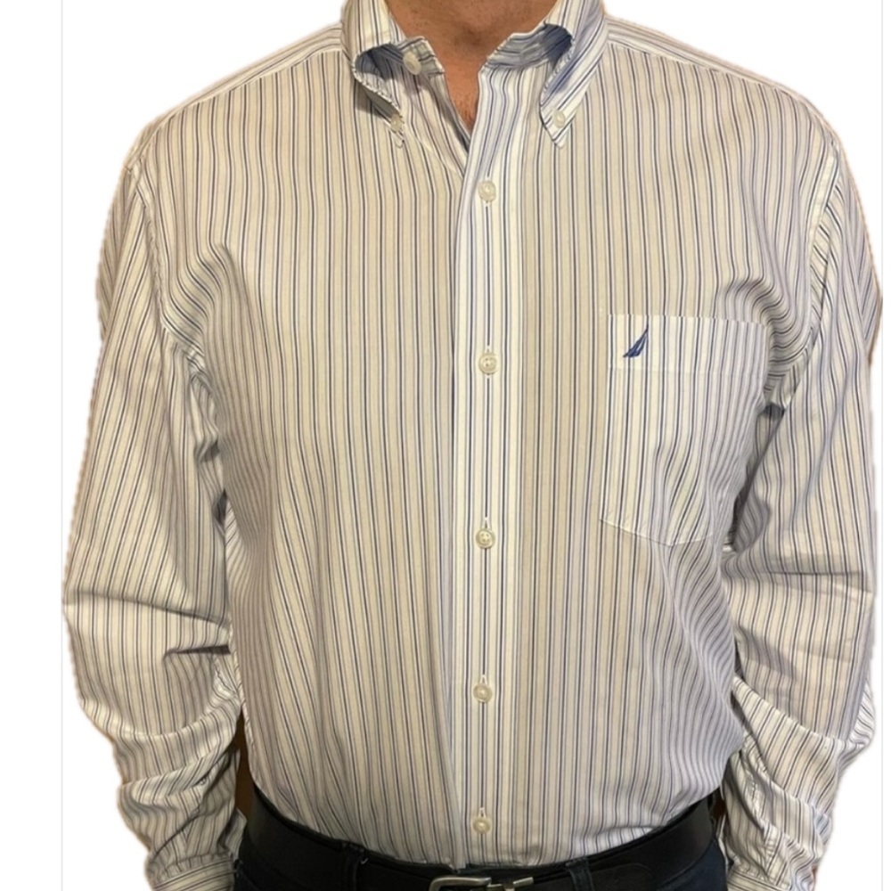 NEW Nautica White Blue Pin Stripe Shirt
